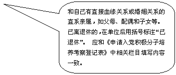 圆角矩形标注:和自己有直接血缘关系或婚姻关系的直系亲属，如父母、配偶和子女等。已离退休的，在单位后用括号标注“已退休”。 应和《申请入党积极分子培养考察登记表》中相关栏目填写内容一致。